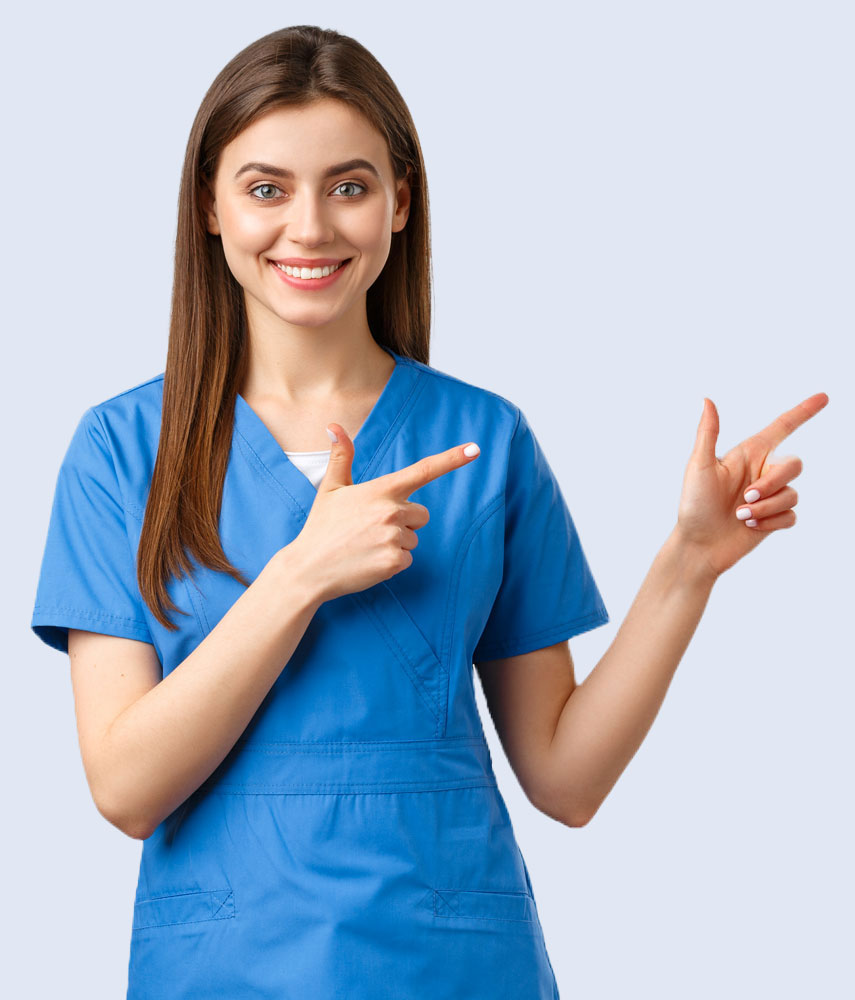 Smiling woman in a blue uniform pointing to the side, representing a canvas bags manufacturer in India.