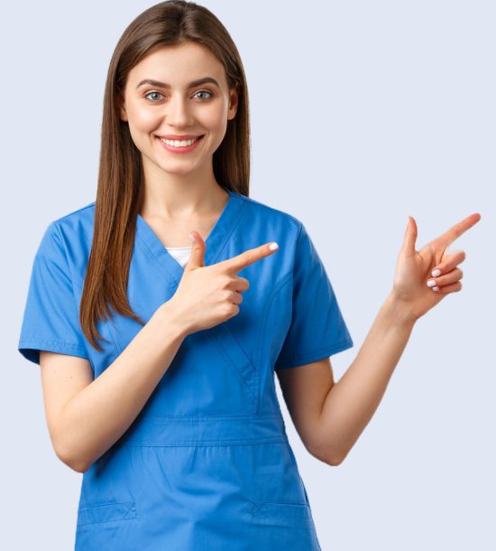 Smiling woman in a blue uniform pointing to the side, representing a canvas bags manufacturer in India.